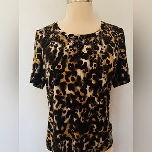 St John Leopard Print Short Sleeve Top w/ Gold Studded Rhinestones Sz M